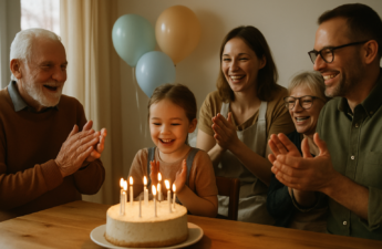 Familie applaudiert um eine kleine Geburtstagstorte mit Kerzen, weiches Tageslicht, warme Atmosphaere