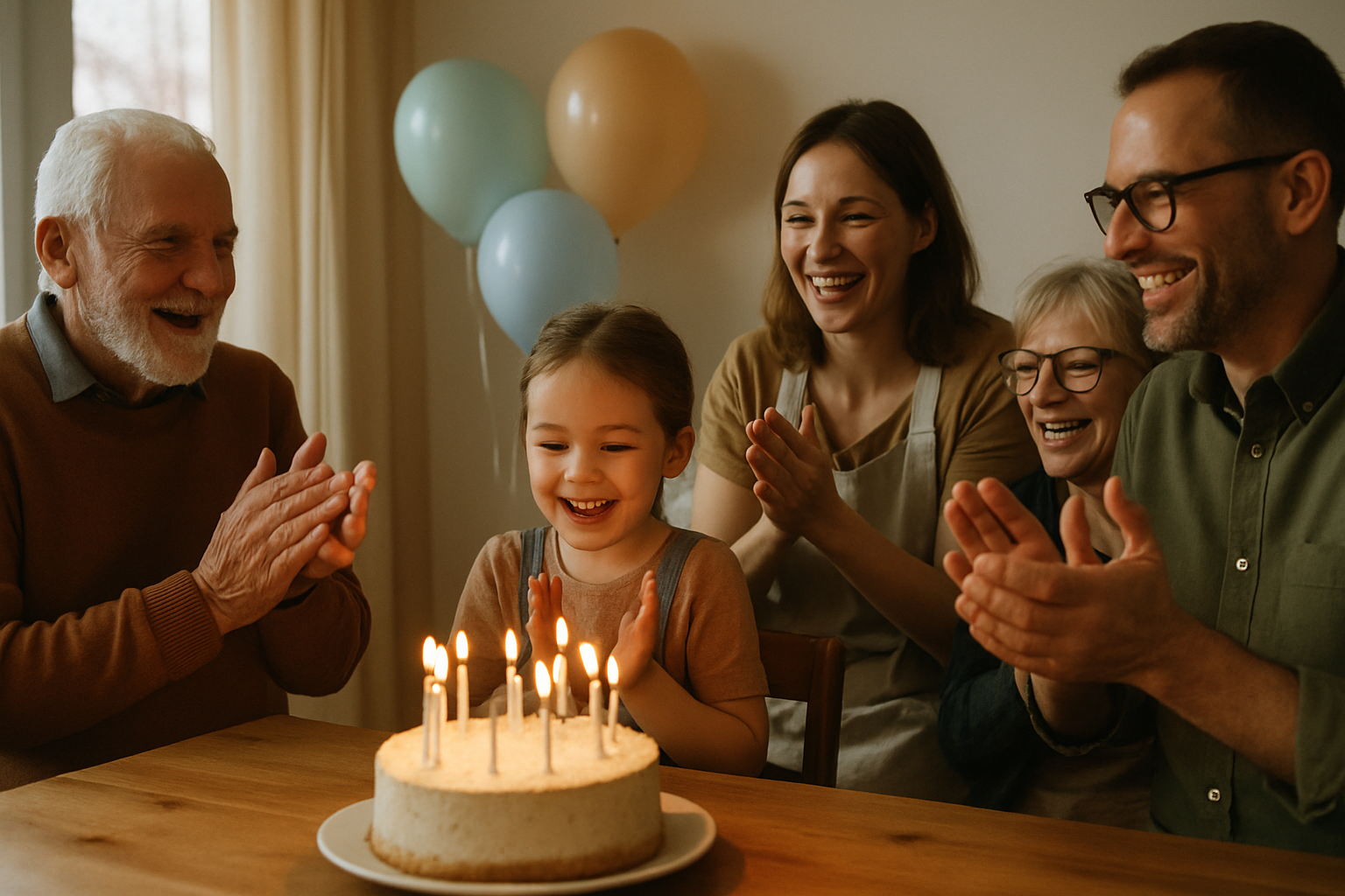 Familie applaudiert um eine kleine Geburtstagstorte mit Kerzen, weiches Tageslicht, warme Atmosphaere
