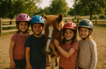 Vier Kinder mit bunten Reithelmen stehen neben einem ruhigen braun-weissen Pony auf einem Reiterhof im Sommerlicht