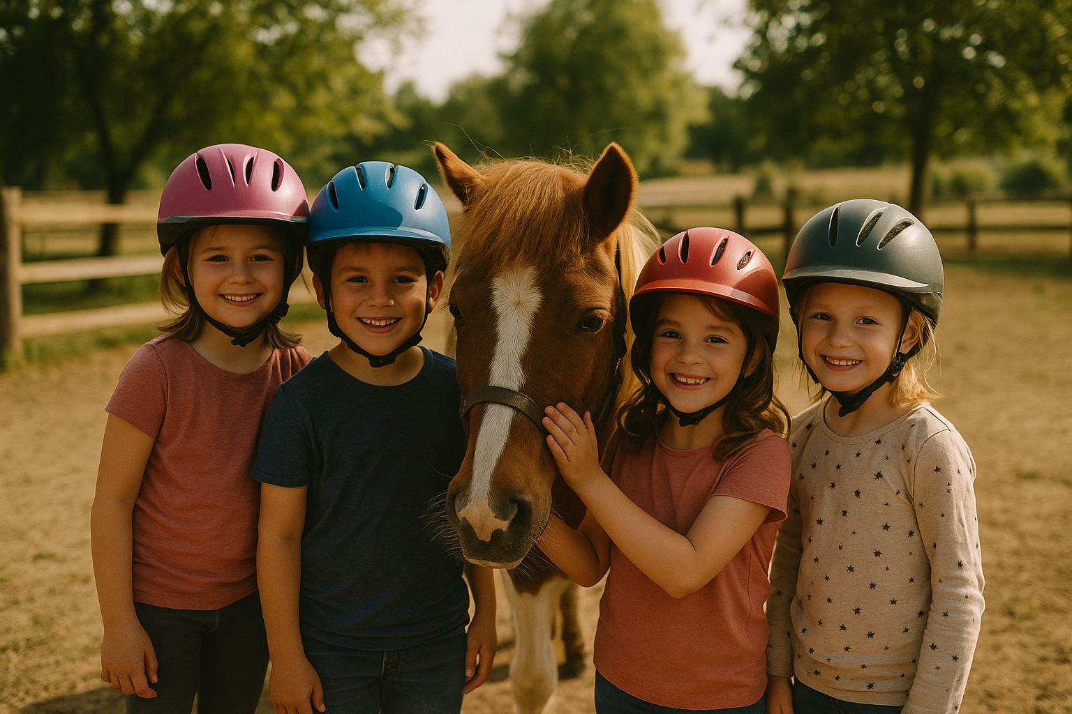 Vier Kinder mit bunten Reithelmen stehen neben einem ruhigen braun-weissen Pony auf einem Reiterhof im Sommerlicht