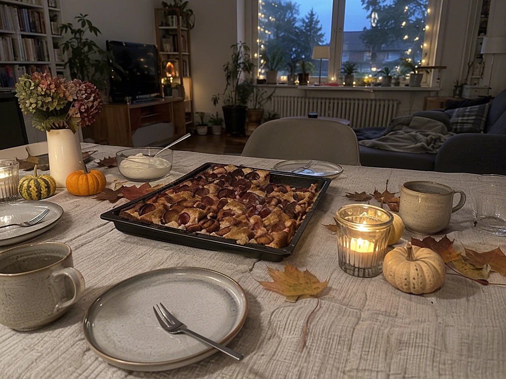 Geburtstagstisch mit Zwetschgenkuchen, Windlichtern, Zierkürbissen und Herbstlaub im warmen Abendlicht